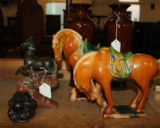 Pair of Chinese Tang-style sancai-glazed horses, pair modern sang de boeuf vases and sundry items (8)